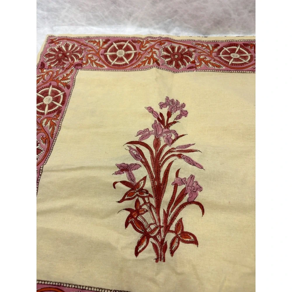Fabindia Vintage Cotton Block Print Floral Pillow Cover 16x16 Made in India
